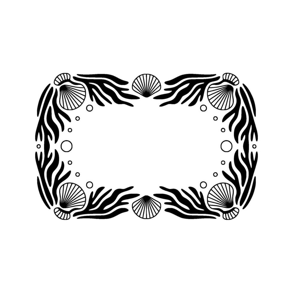 Elegant Sea Life Frame Black and White Border. vector