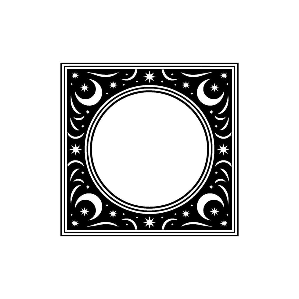 Celestial Frame Moon Star Decorative Element, Black White, Minimalist. vector