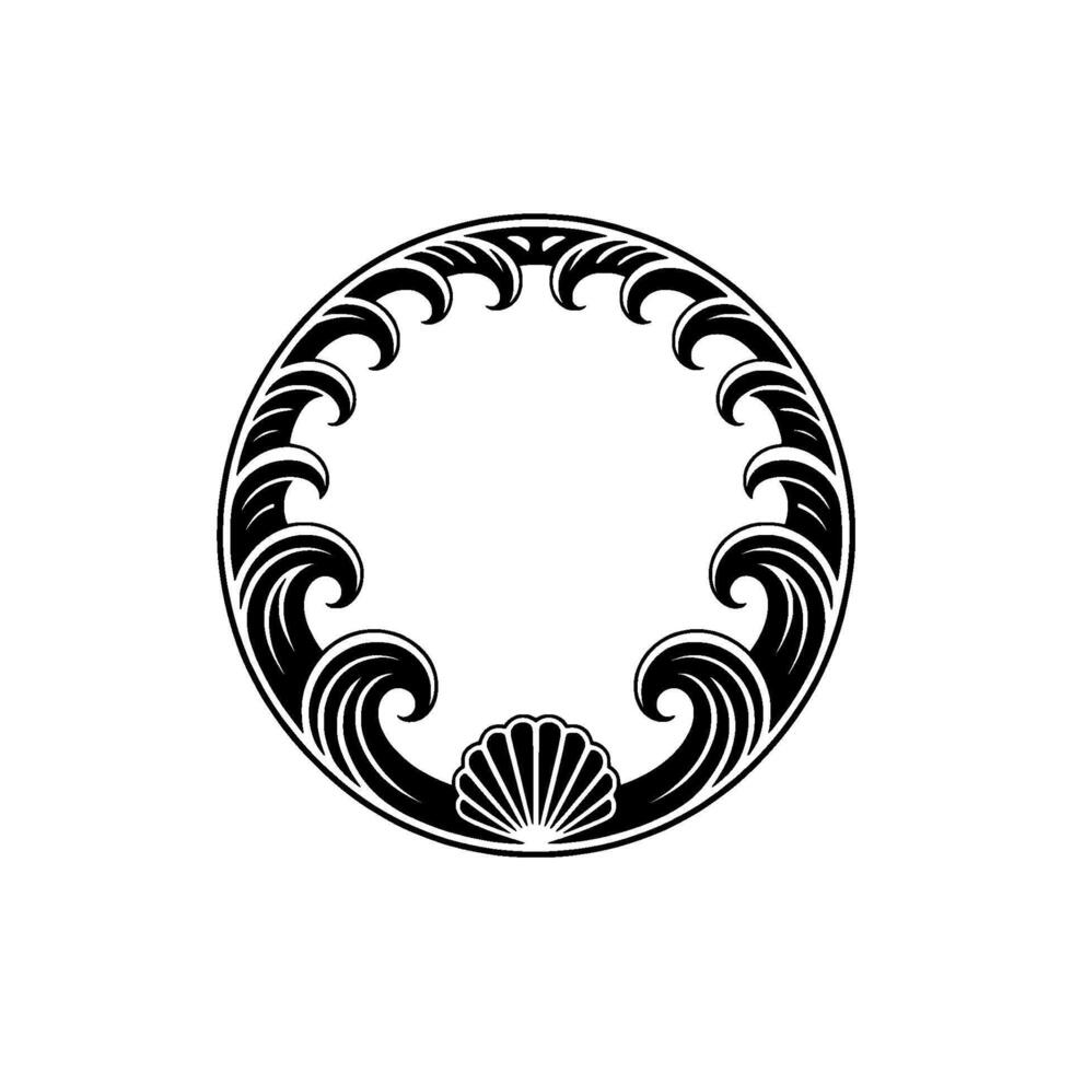 Elegant Black White Wave Shell Circle Frame. vector