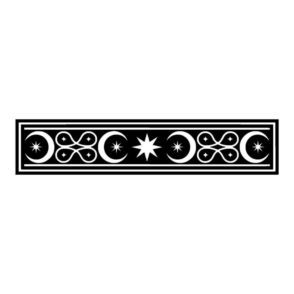 Celestial Border Crescent Moons, Stars, Geometric Pattern, Black White. vector