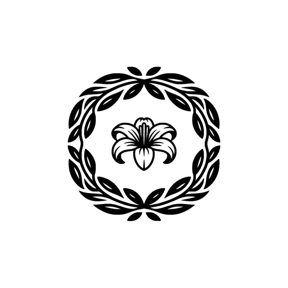 Floral Emblem Elegant Lily in Laurel Wreath, Black and White. vector