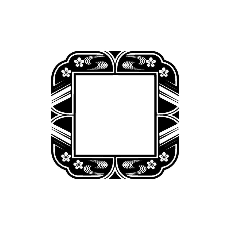Elegant Black and White Floral Frame Illustration, Japanese Style. vector