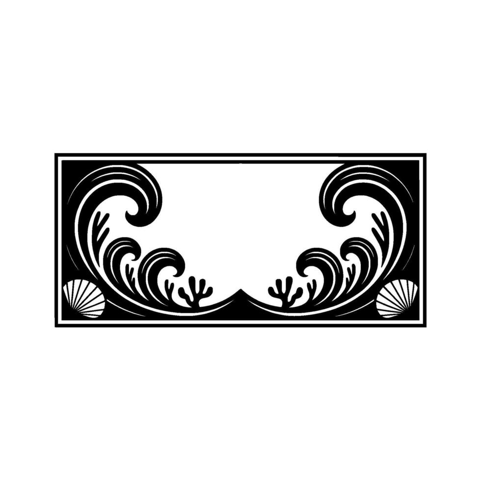 Elegant Ocean-Themed Frame with Shells and Waves, Black and White. vector