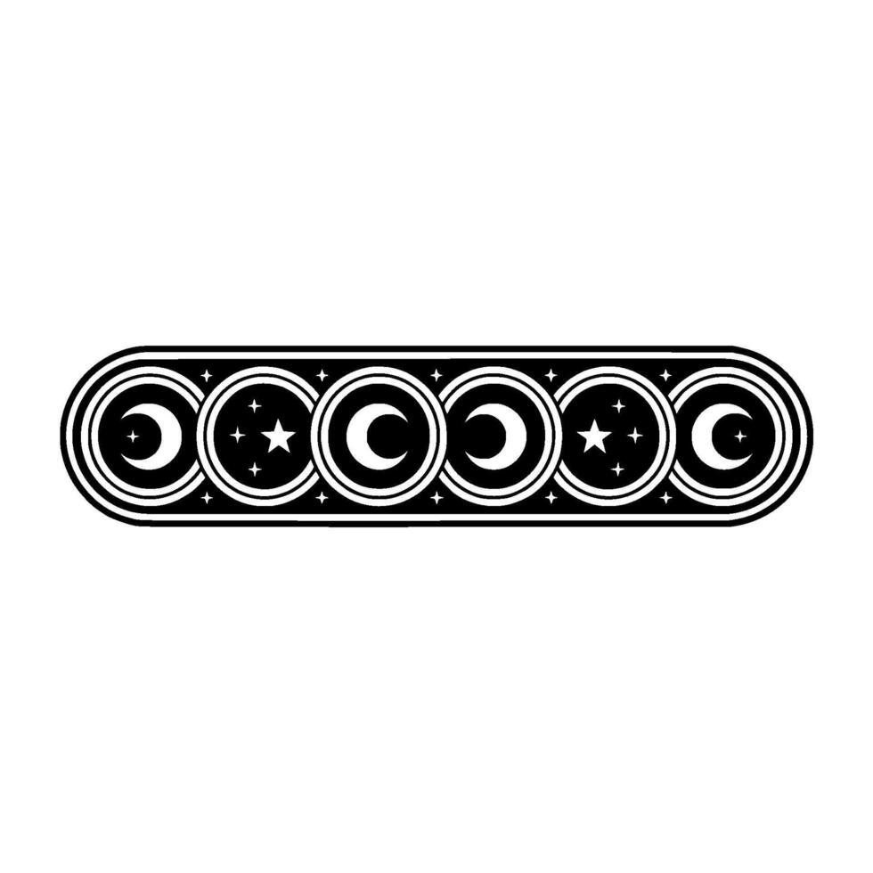 Minimalist Celestial Ornament Moons, Stars, Black and White Border. vector