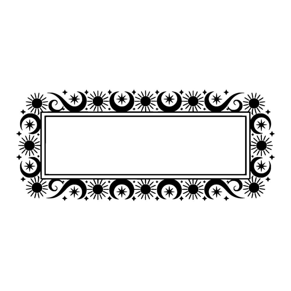 Celestial Frame, Decorative Border, Stars, Moons, Sunburst, Black on White. vector