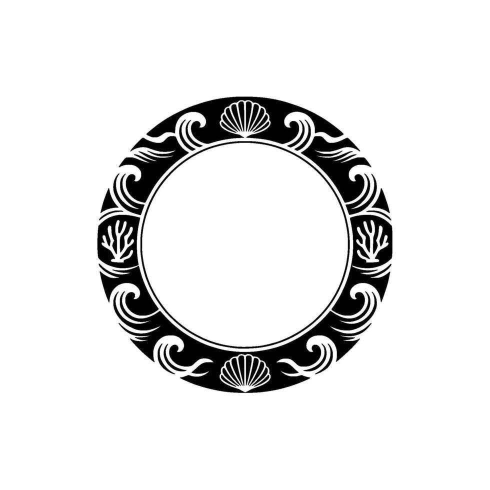 Elegant Nautical Circle Frame Black and White Seashell and Wave Motif. vector
