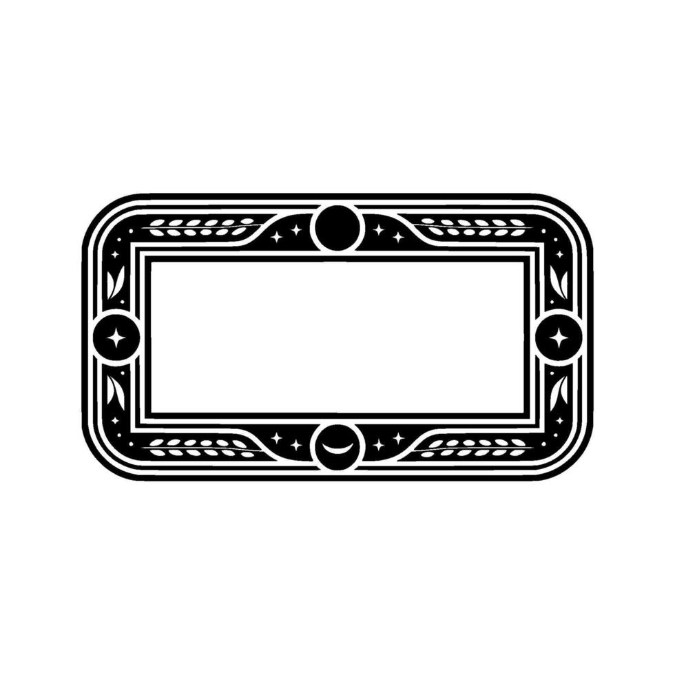 Ornamental Black and White Frame with Celestial and Botanical Details. vector