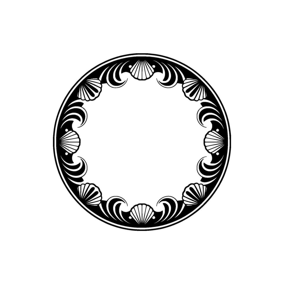 Elegant Black and White Seashell Frame, Decorative Circular Ornament. vector