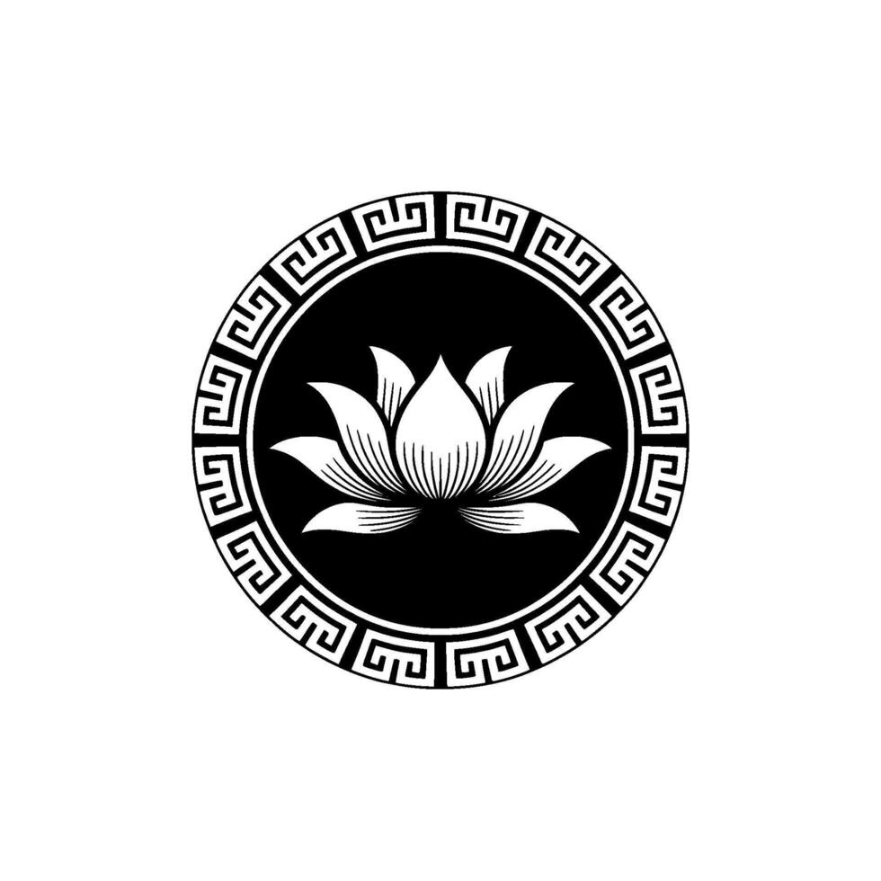Elegant Lotus Flower Mandala in Circular Frame, Black White. vector