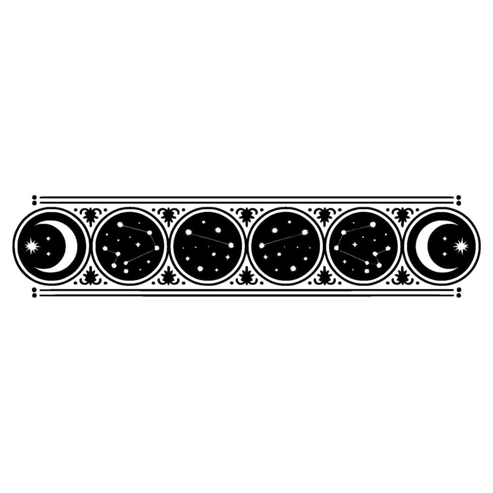 Celestial Border Crescent Moons, Constellations Ornate Framework. vector