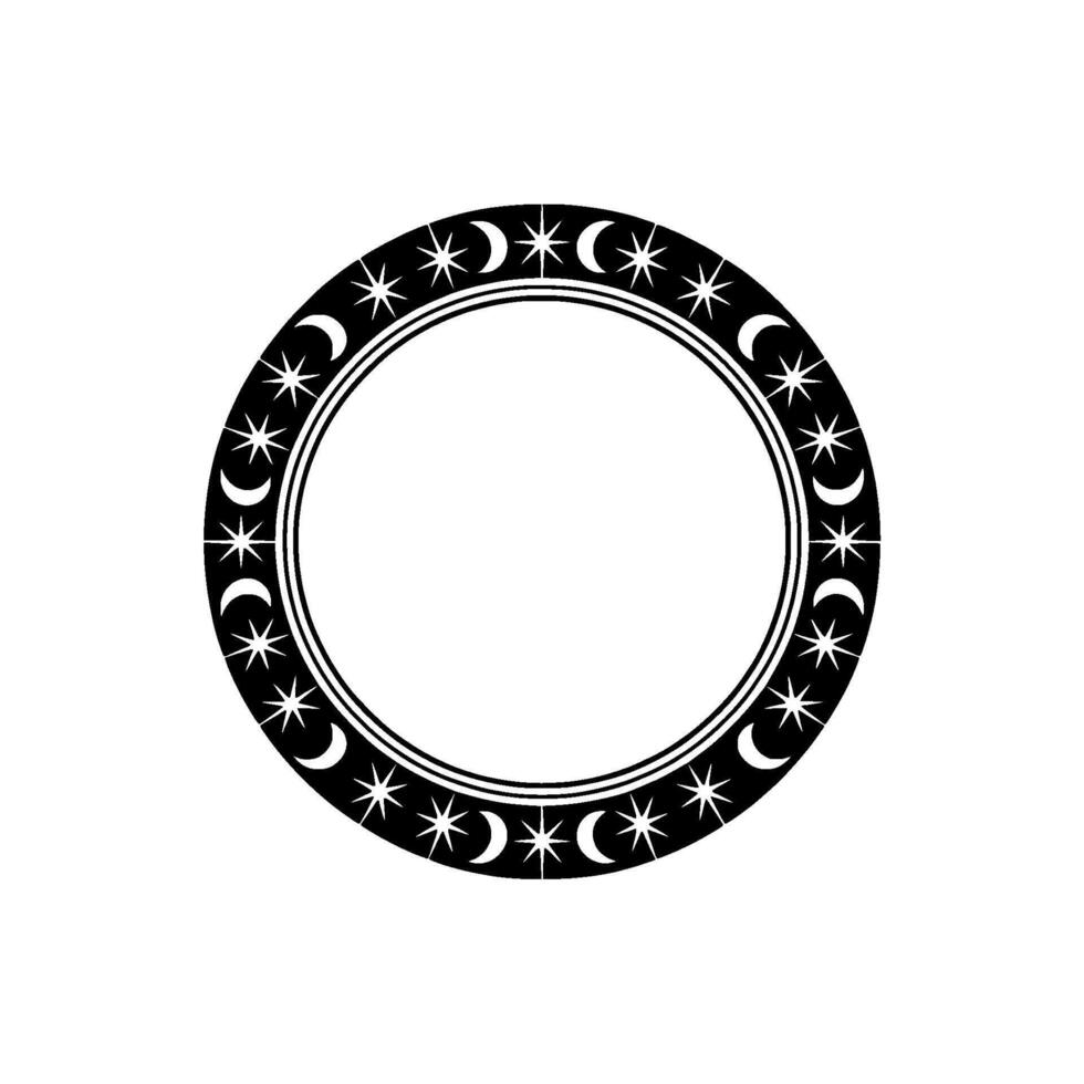 Celestial Circle Frame Crescent Moons Stars, Minimalist Black White. vector