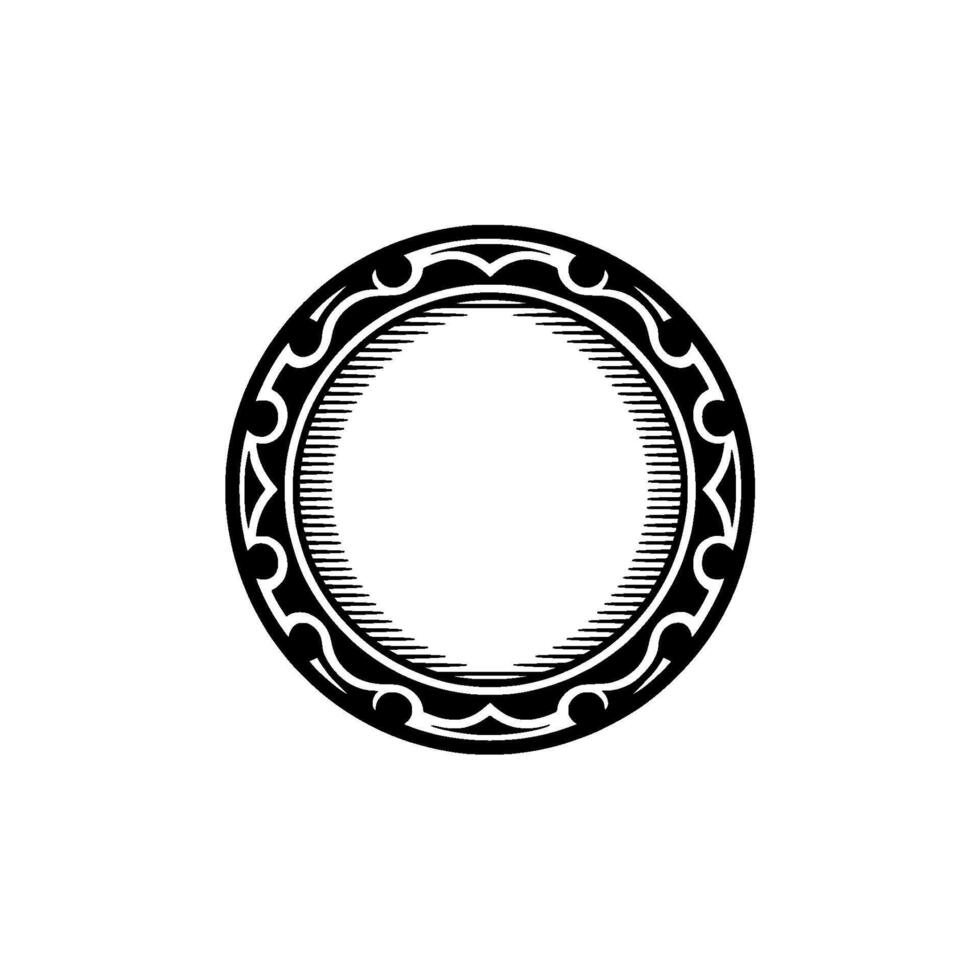 Ornate Black Circle Frame, Blank Center, Minimalist. vector