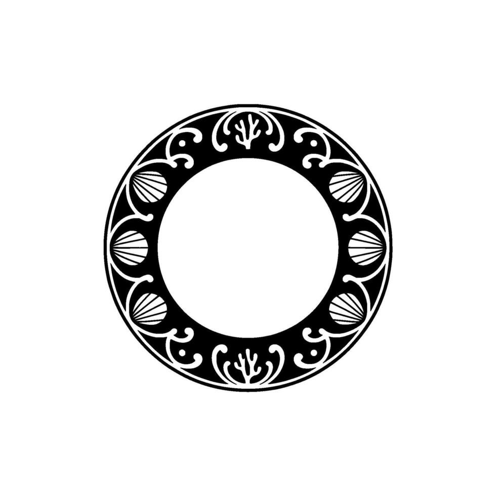 Decorative Black and White Circle Ornament, Shells and Coral Motifs. vector