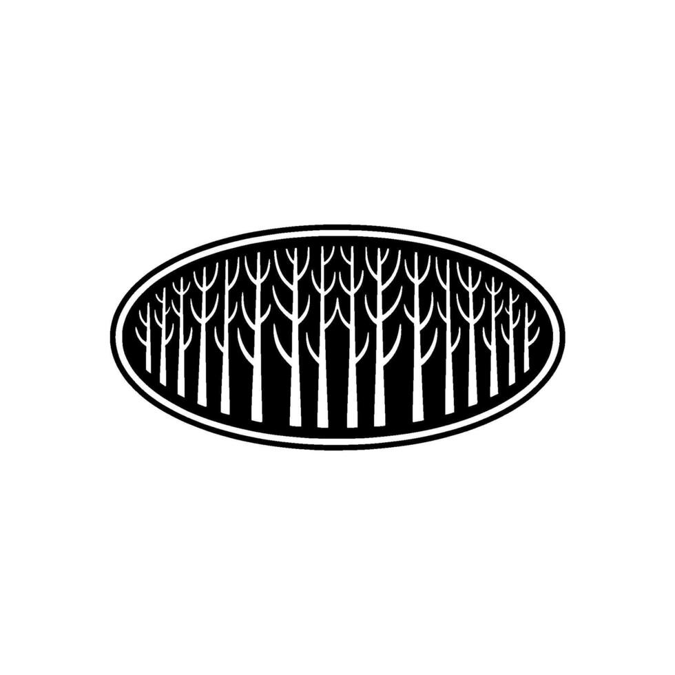 Minimalist Forest Silhouette in Oval Frame - Black and White. vector