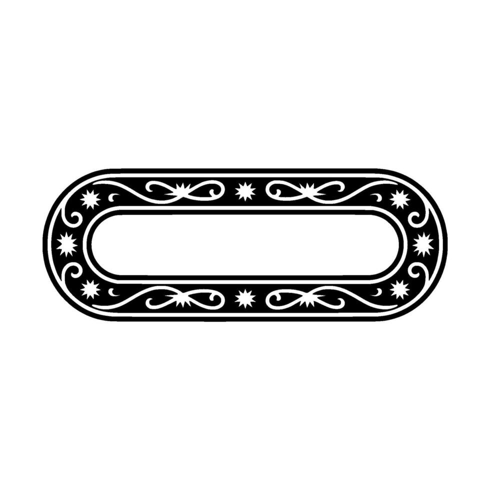 Decorative Oval Frame with Floral and Star Motifs, Black and White. vector