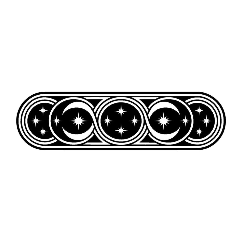 Elegant Celestial Border Crescent Moons, Stars, Interlocking Rings. vector
