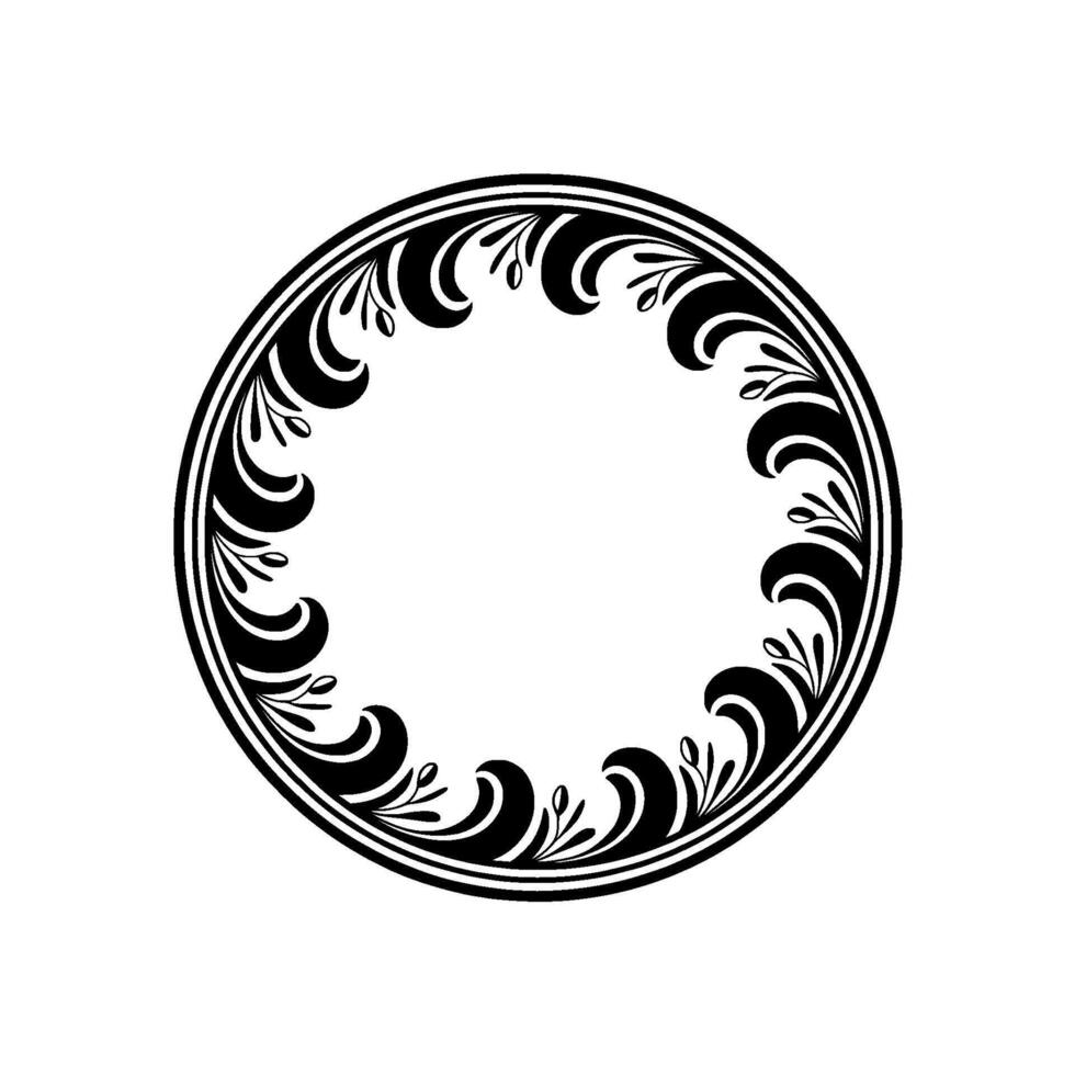 Elegant Black Floral Wreath Circle Frame, Decorative Element, White Background. vector