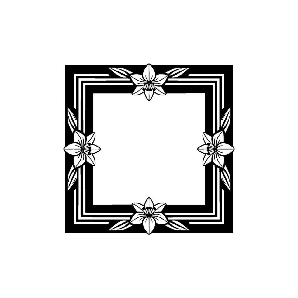 Elegant Floral Square Frame, Black White, Minimalist. vector