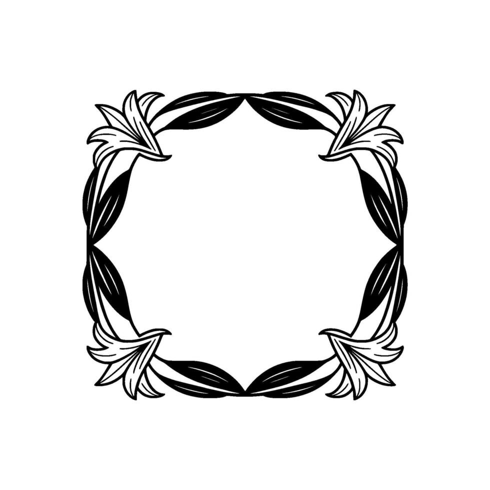 Elegant Lily Frame Black White Floral Border for Invitations. vector