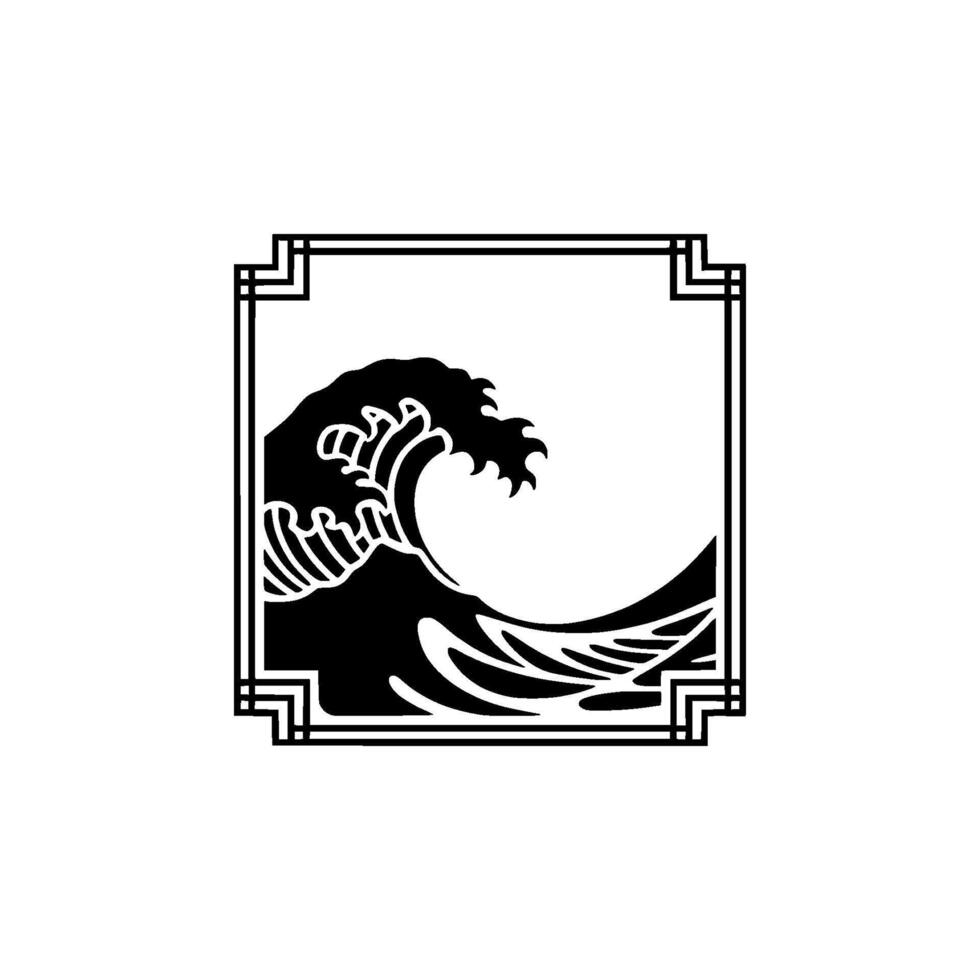 Minimalist Japanese Wave in Deco Frame, Black White. vector
