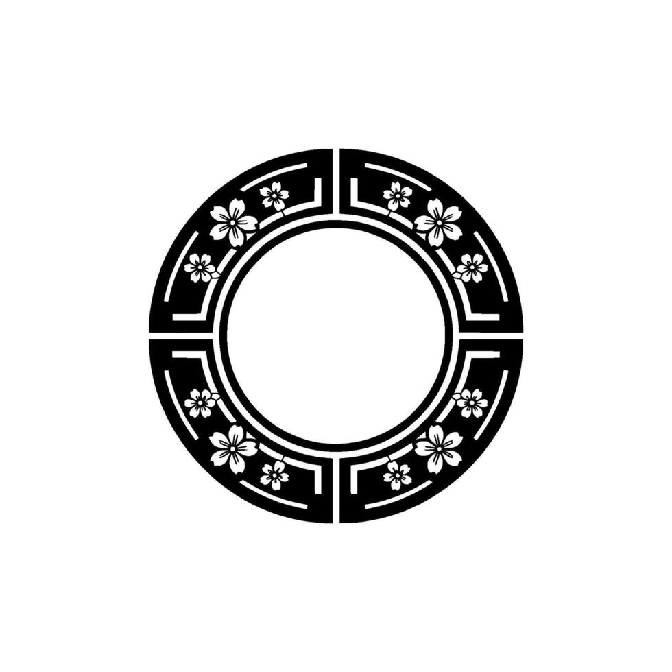 Minimalist Floral Circle Ornament in Black White on White Background. vector