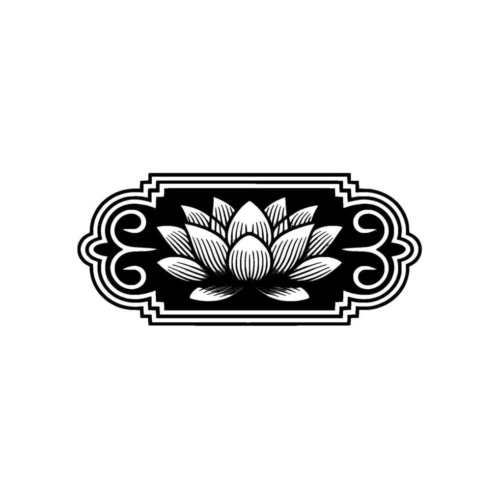 Elegant Lotus Flower Emblem, Black and White, Ornate Frame. vector