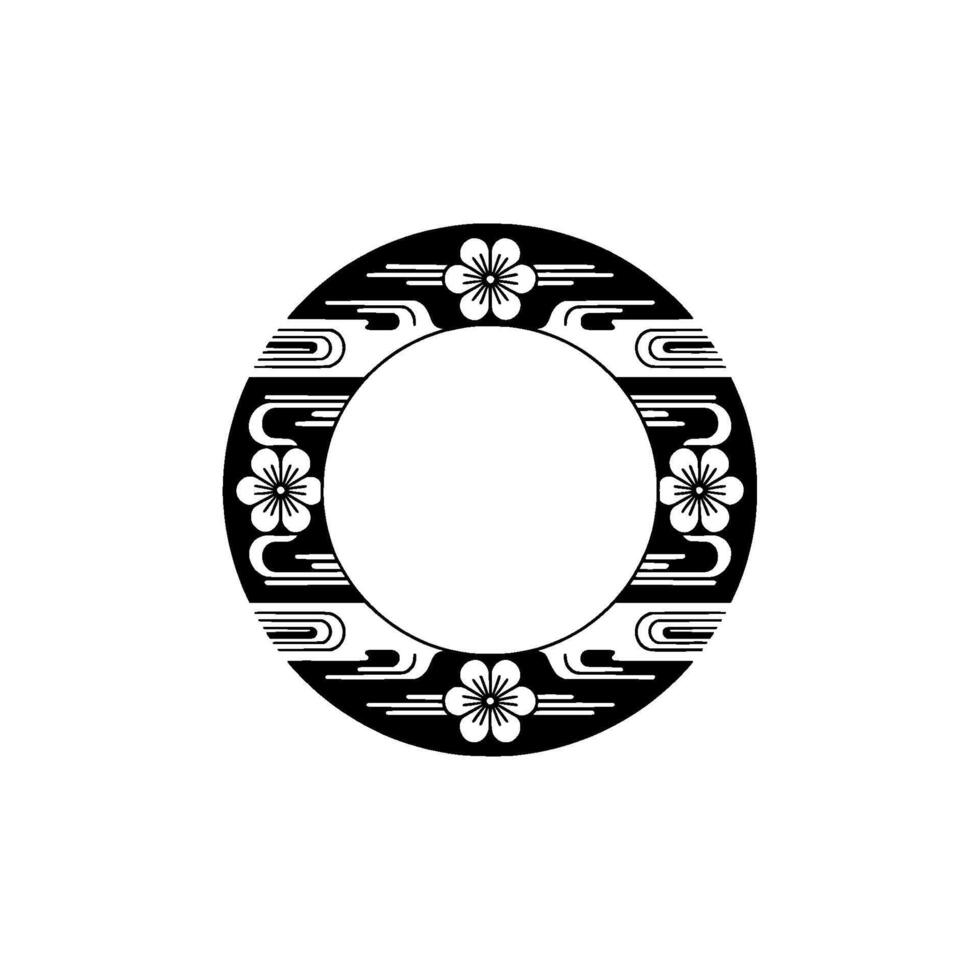 Elegant Japanese Floral Circle Frame, Black and White Minimalist. vector