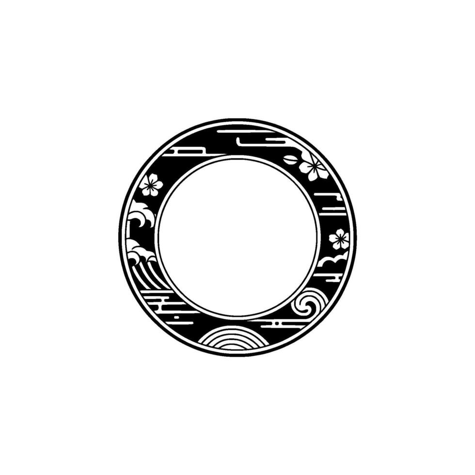 Japanese-Inspired Circle Frame, Minimalist Black White. vector