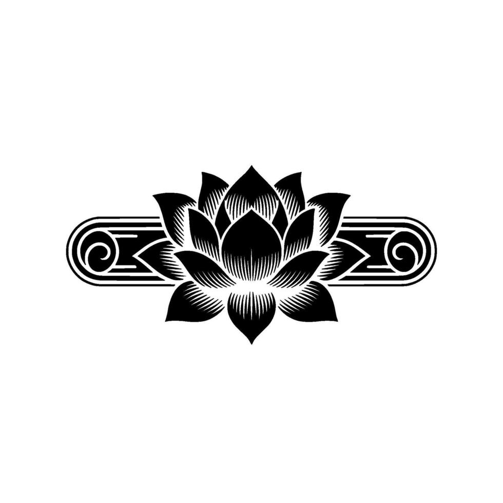 Lotus Flower Emblem in Deco Style, Black White Illustration. vector