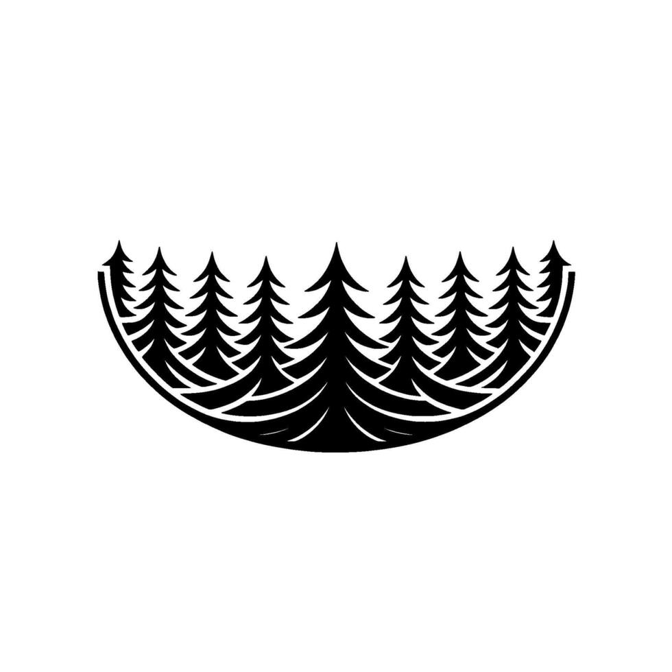 Stylized Forest Emblem Black Trees in Curved Frame, White Background. vector