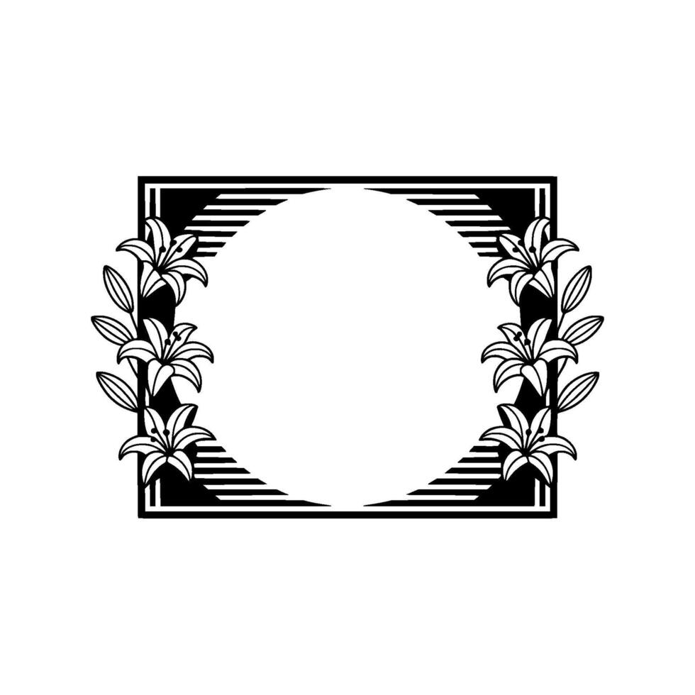 Elegant Lily Floral Frame Illustration, Black and White. vector