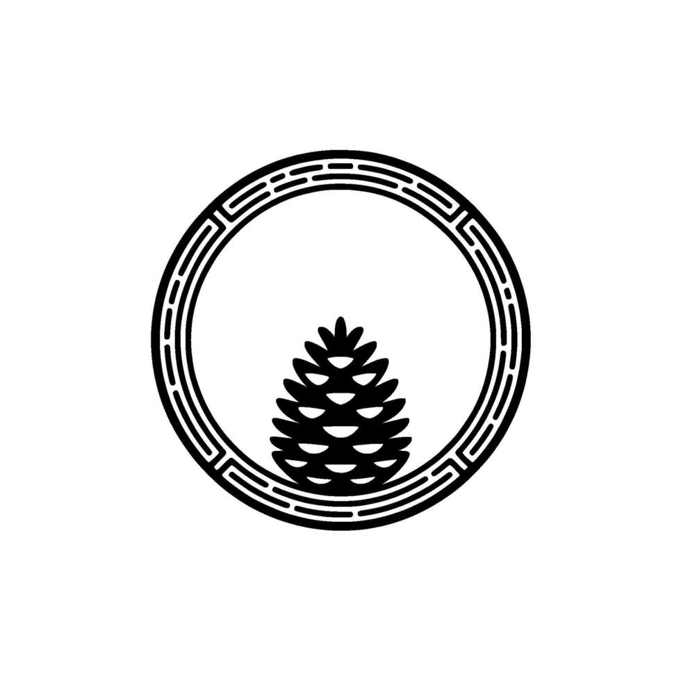 Minimalist Pine Cone Emblem, Circle Border, Black White. vector