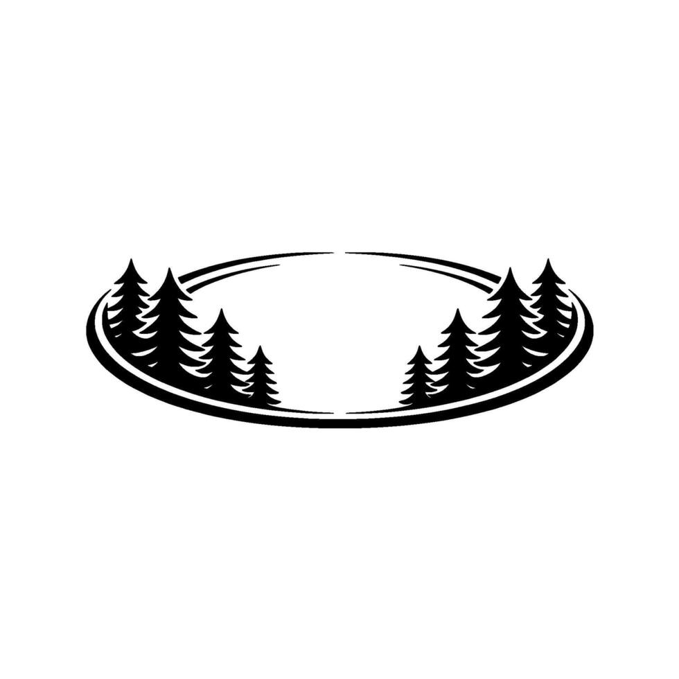 Minimalist Forest Emblem Black Pine Trees within Oval Frame. vector