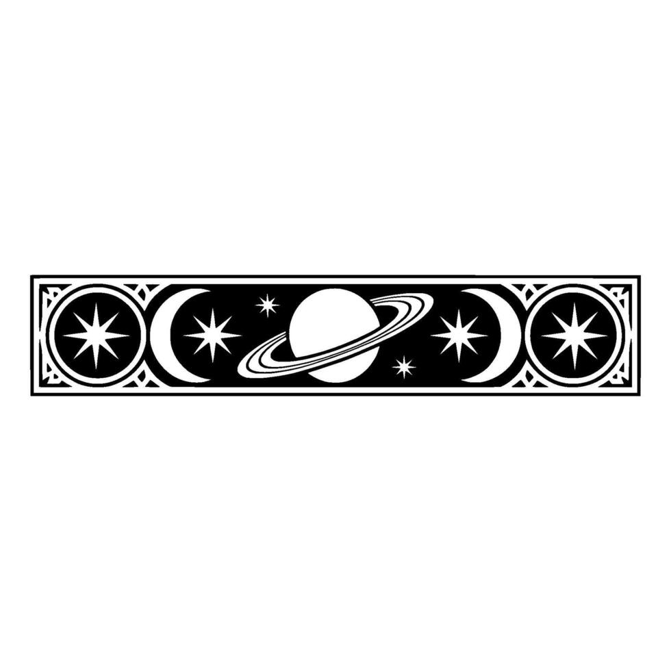 Celestial Ornament Black White Space Border, Stars Planets. vector