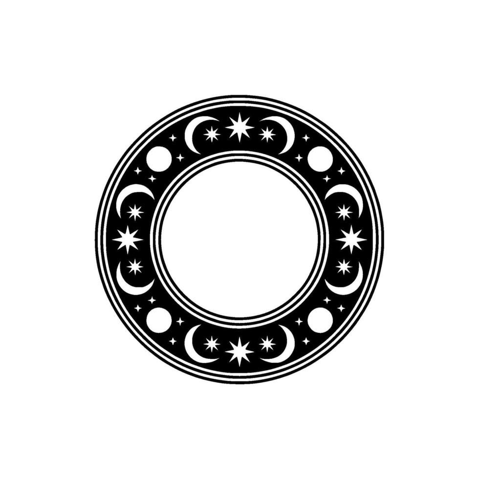 Celestial Circle Moon and Star Ornament, Minimalist Black and White. vector