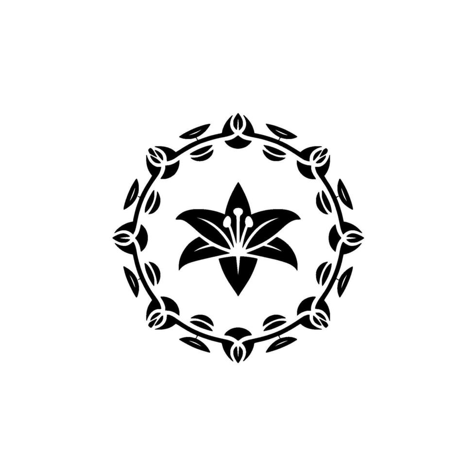 Elegant Black Lily Flower Emblem, Floral Circle Border. vector