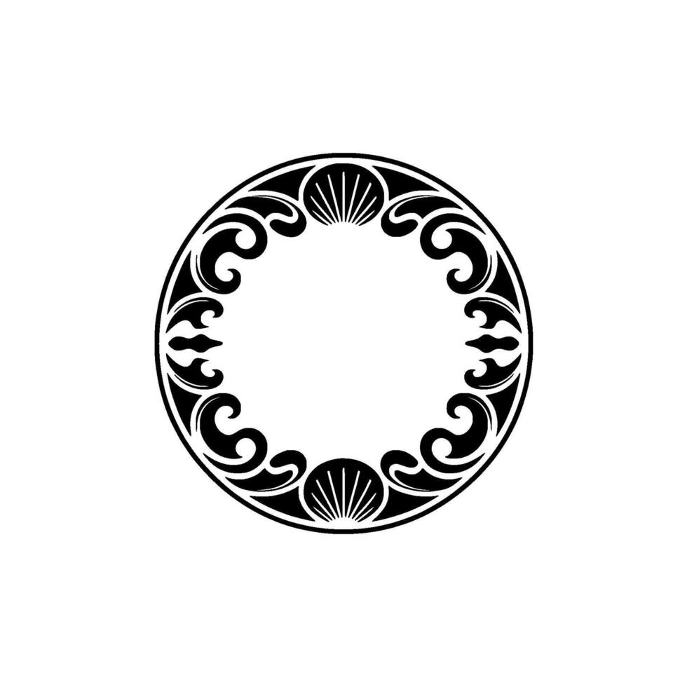Elegant Black Circle Frame with Seashell Accents on White. vector