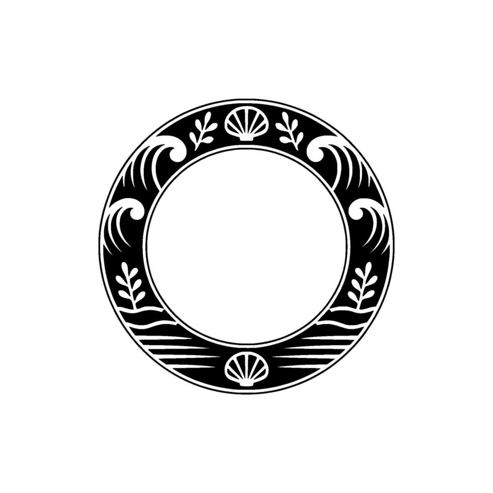 Elegant Coastal Circle Frame Black White Seashell Wave. vector