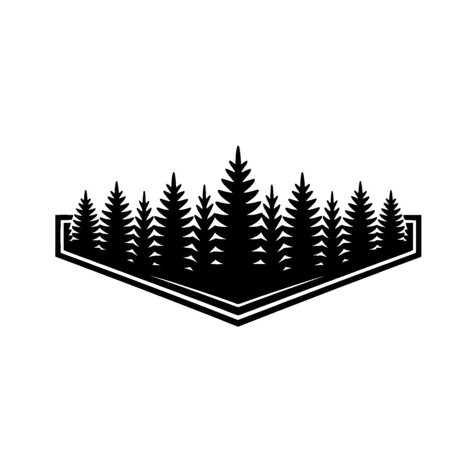 Minimalist Forest Emblem Black Silhouette Pines in Geometric Frame. vector