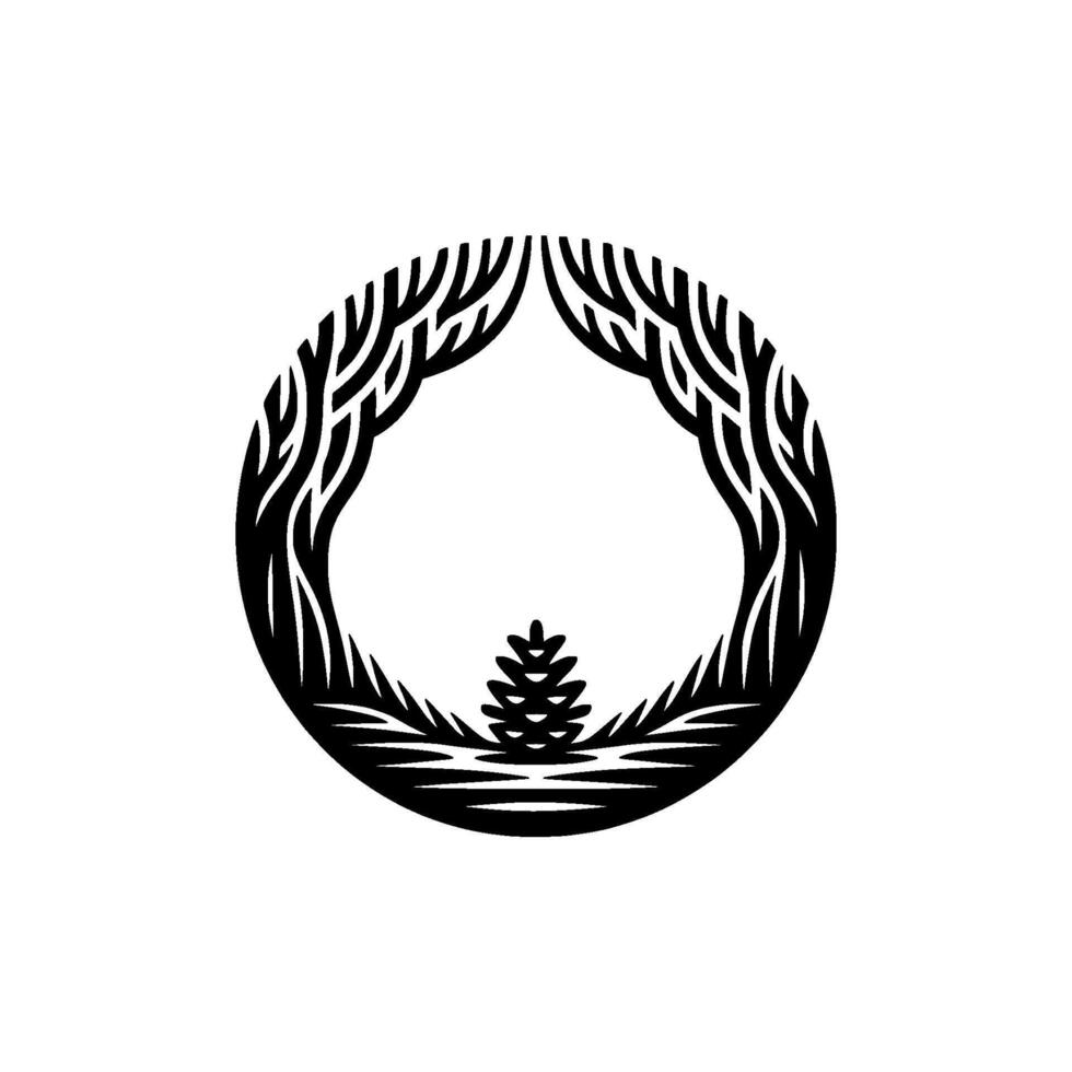 Minimalist Forest Circle Pine Cone Tree Silhouette. vector
