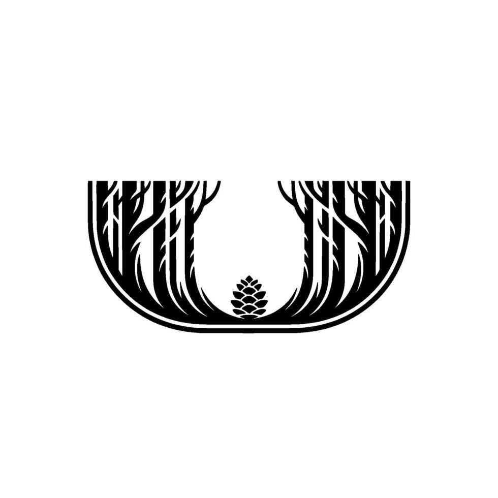 Minimalist Forest Scene Pine Cone Trees in Black White. vector