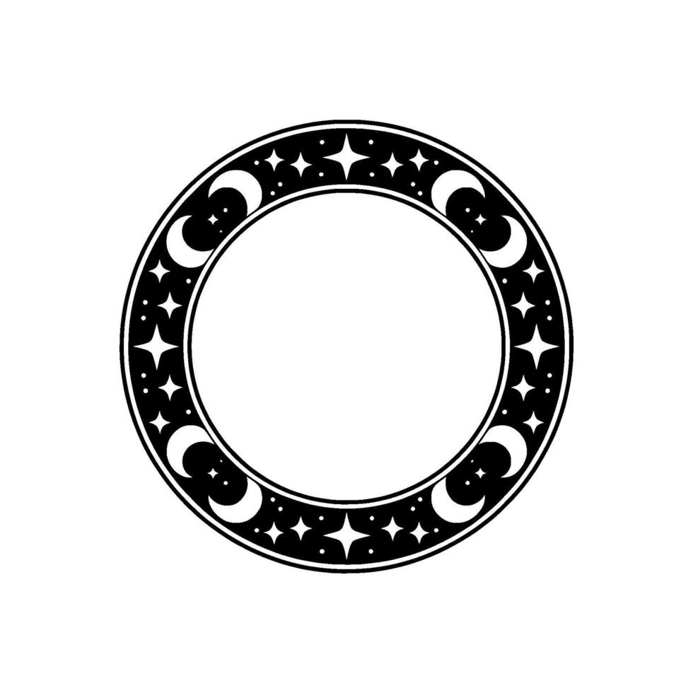 Celestial Circle Frame - Crescent Moons Stars, Black White. vector