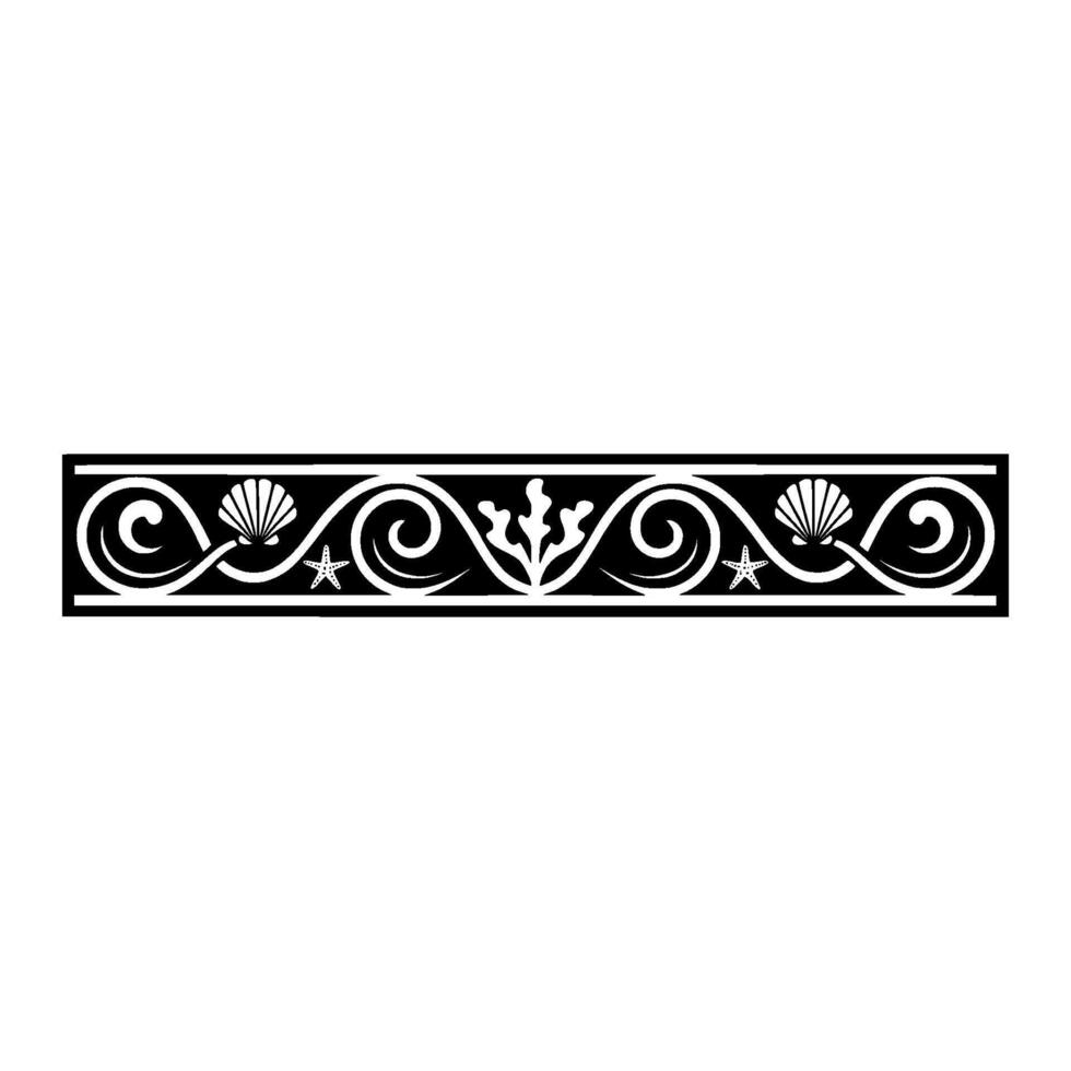 Elegant Nautical Border Shells, Starfish, and Seaweed in Black White. vector