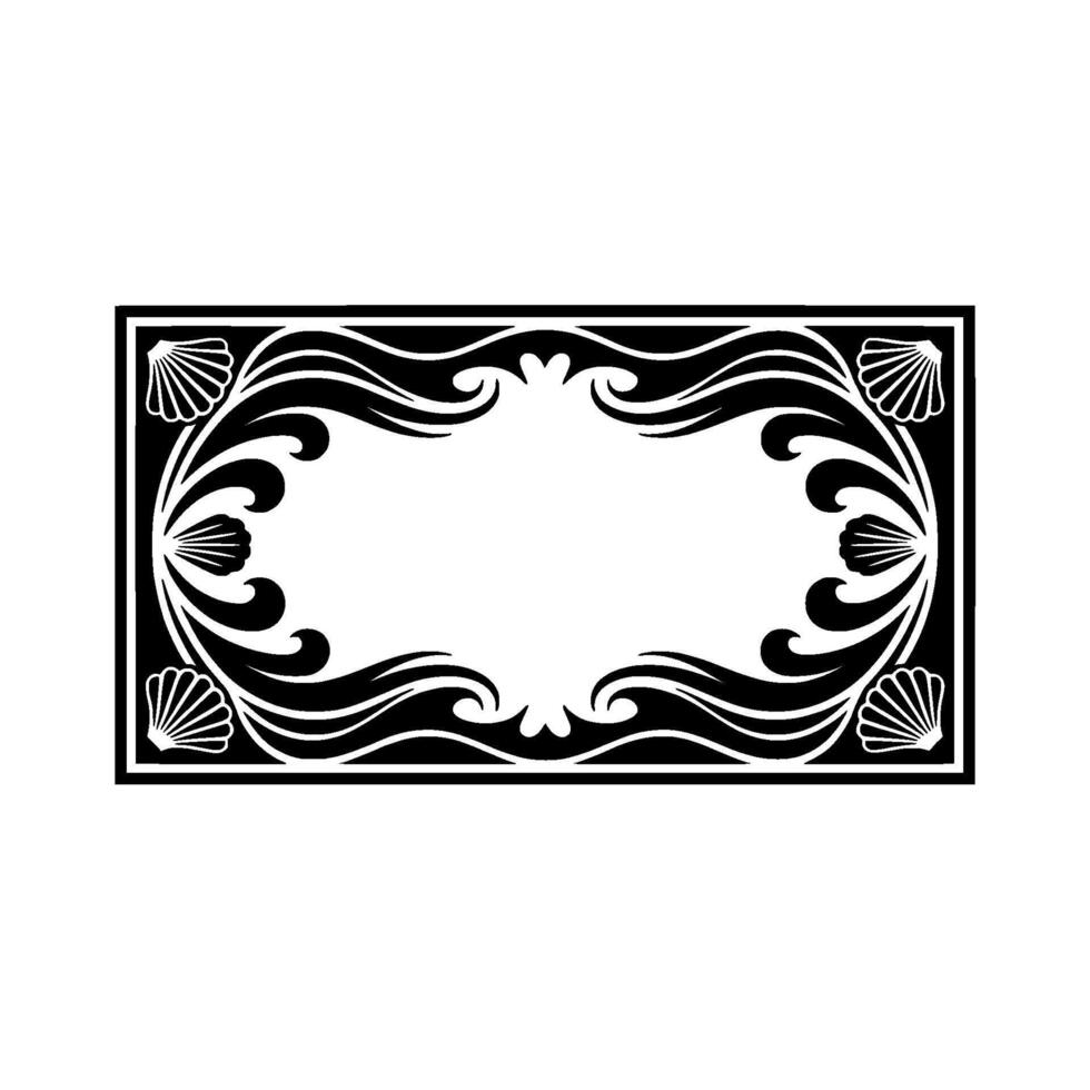 Art Deco Frame, Shell and Wave Ornament, Black and White. vector