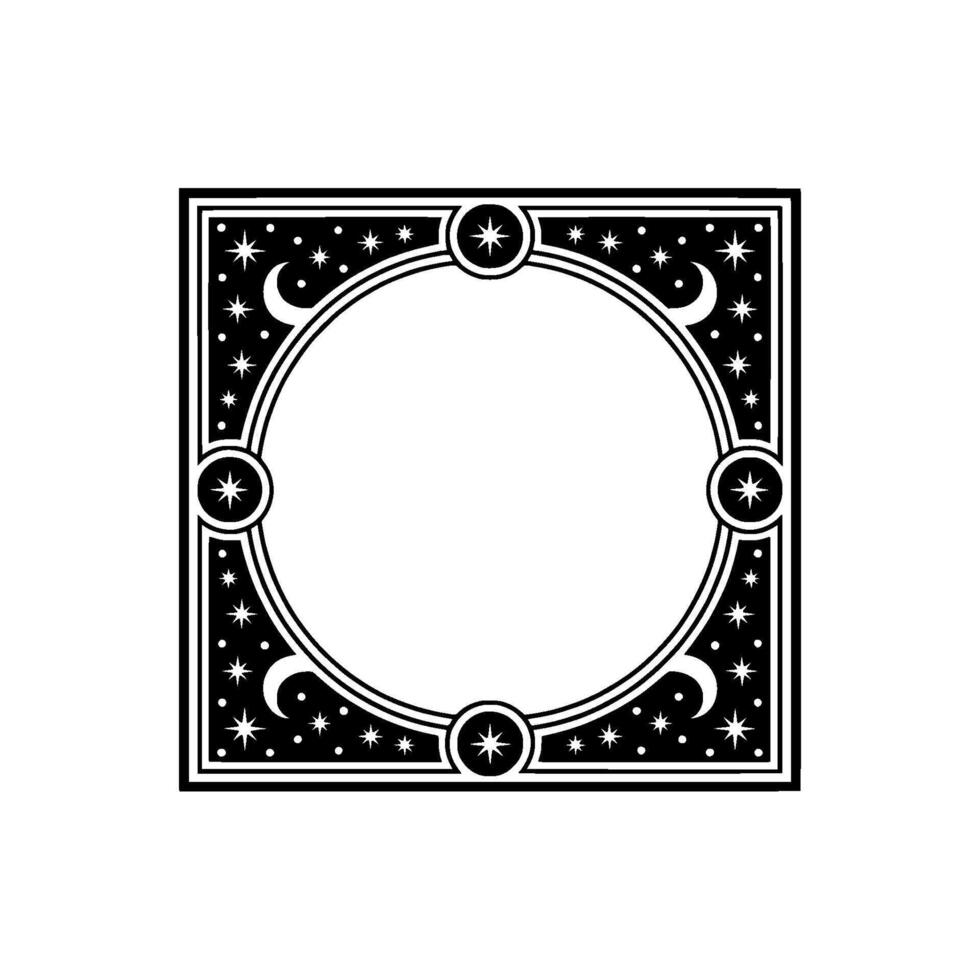 Celestial Frame Starry Night Border with Moon and Stars, Black White. vector