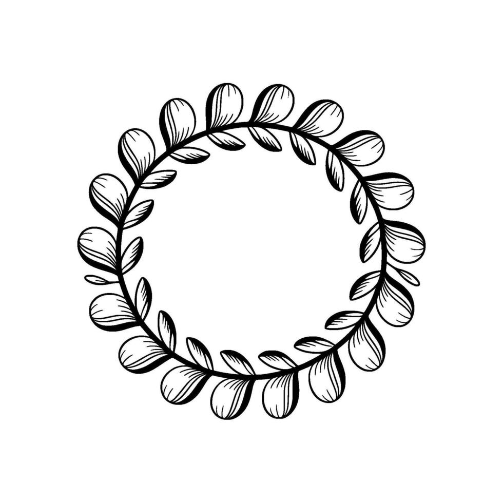 Elegant Black and White Leafy Wreath Frame on Cream Background. vector