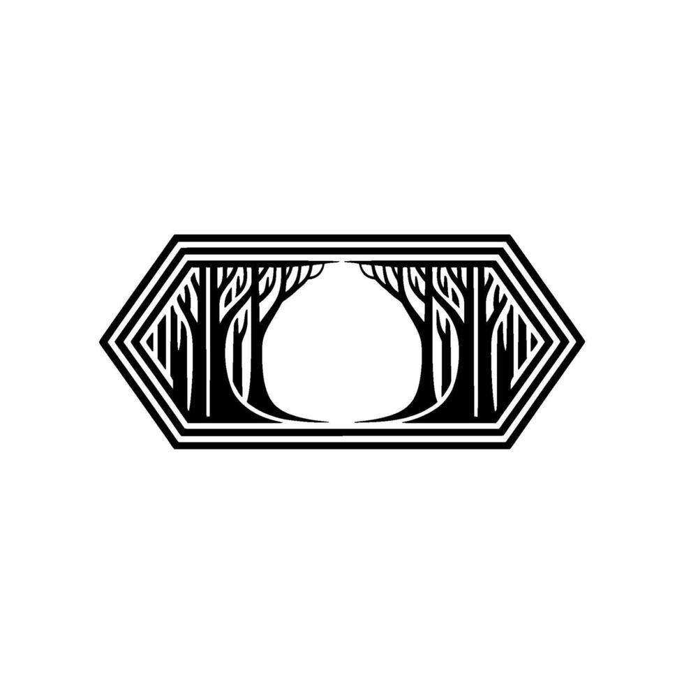 Minimalist Forest Scene in Art Deco Hexagon Frame. vector