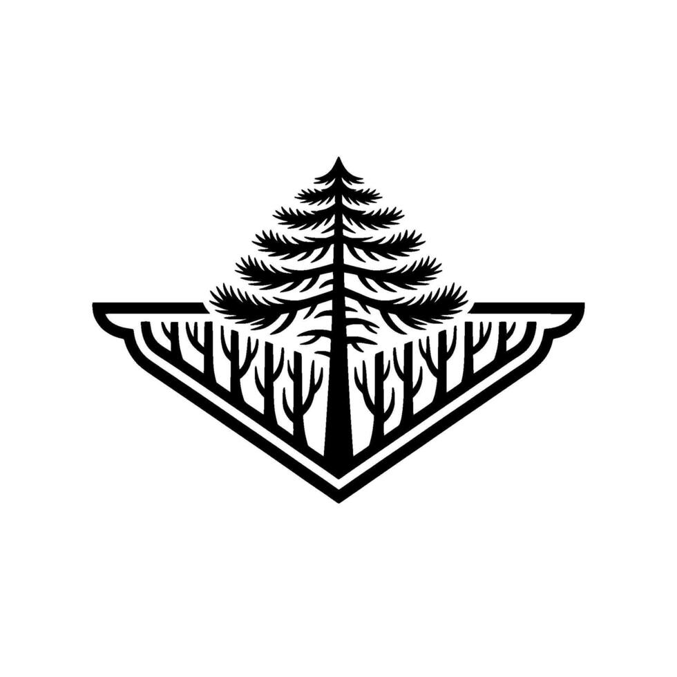 Minimalist Forest Pine Tree Woodland Emblem in Black White. vector