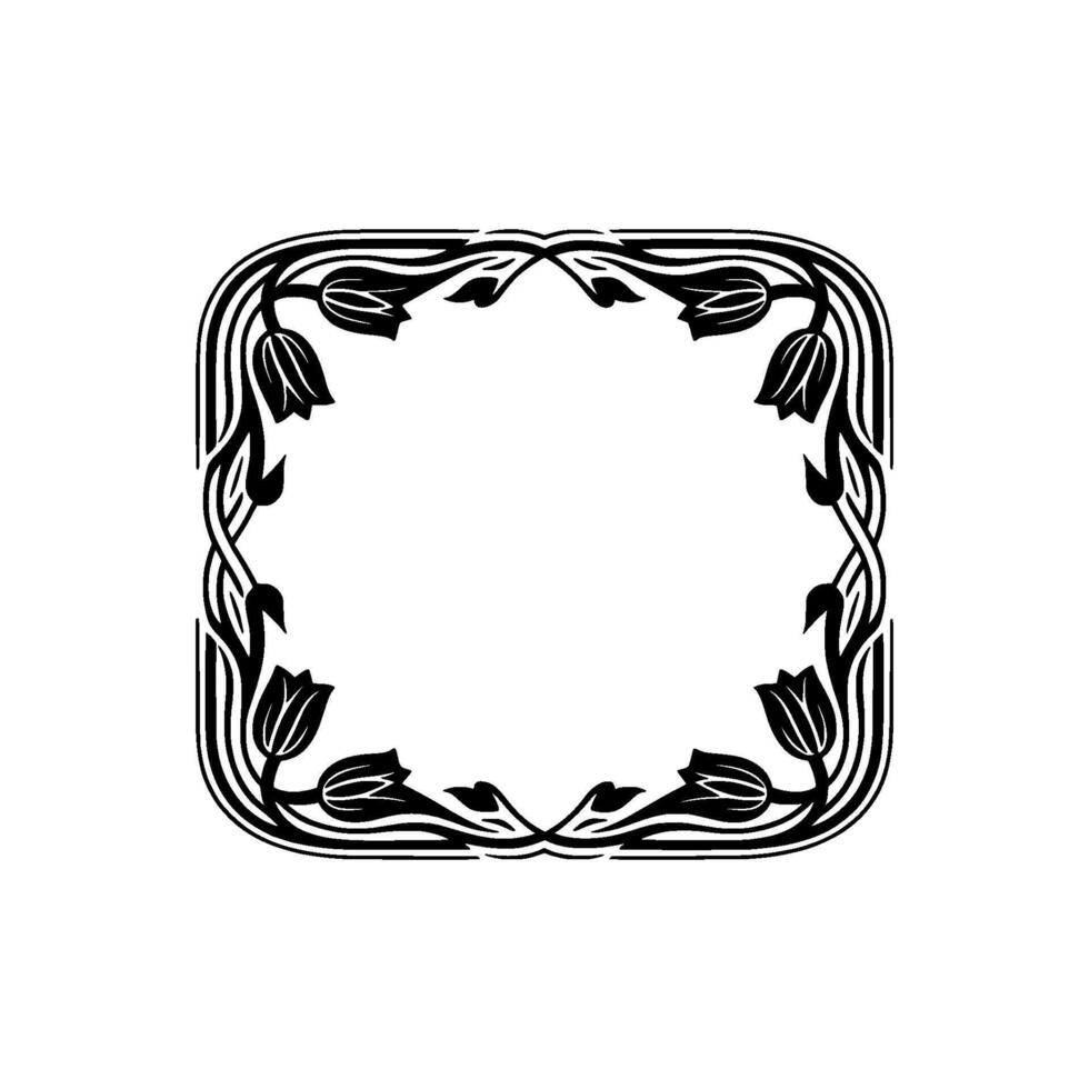 Art Nouveau Floral Frame, Black on White, Ornamental Border. vector