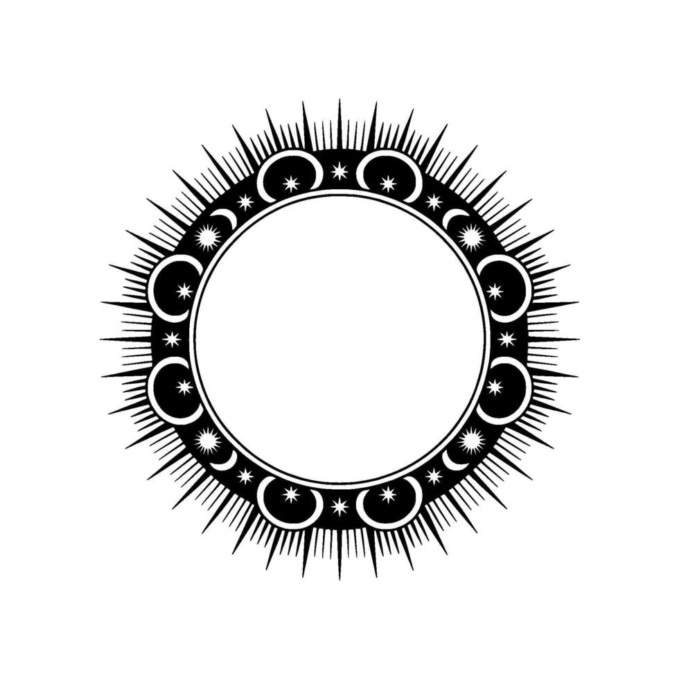 Celestial Circle Frame Black and White Starburst on White. vector